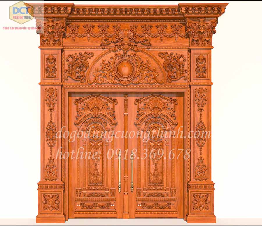 BỘ CỬA CỔ ĐIỂN 2 CÁNH GỖ GÕ ĐỎ CC65GD